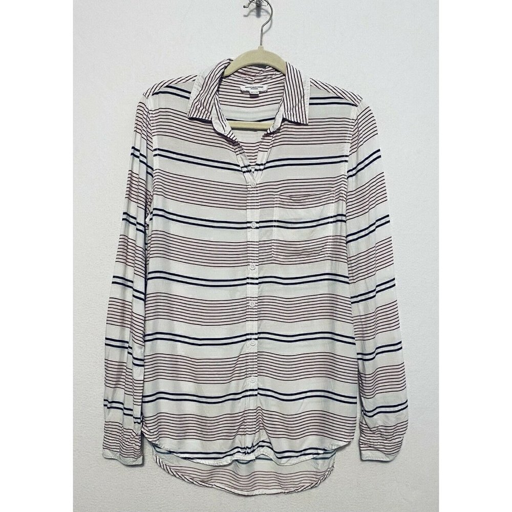 Beach Lunch Lounge Striped Button Up Top Long Sleeves Red Blue Size Medium